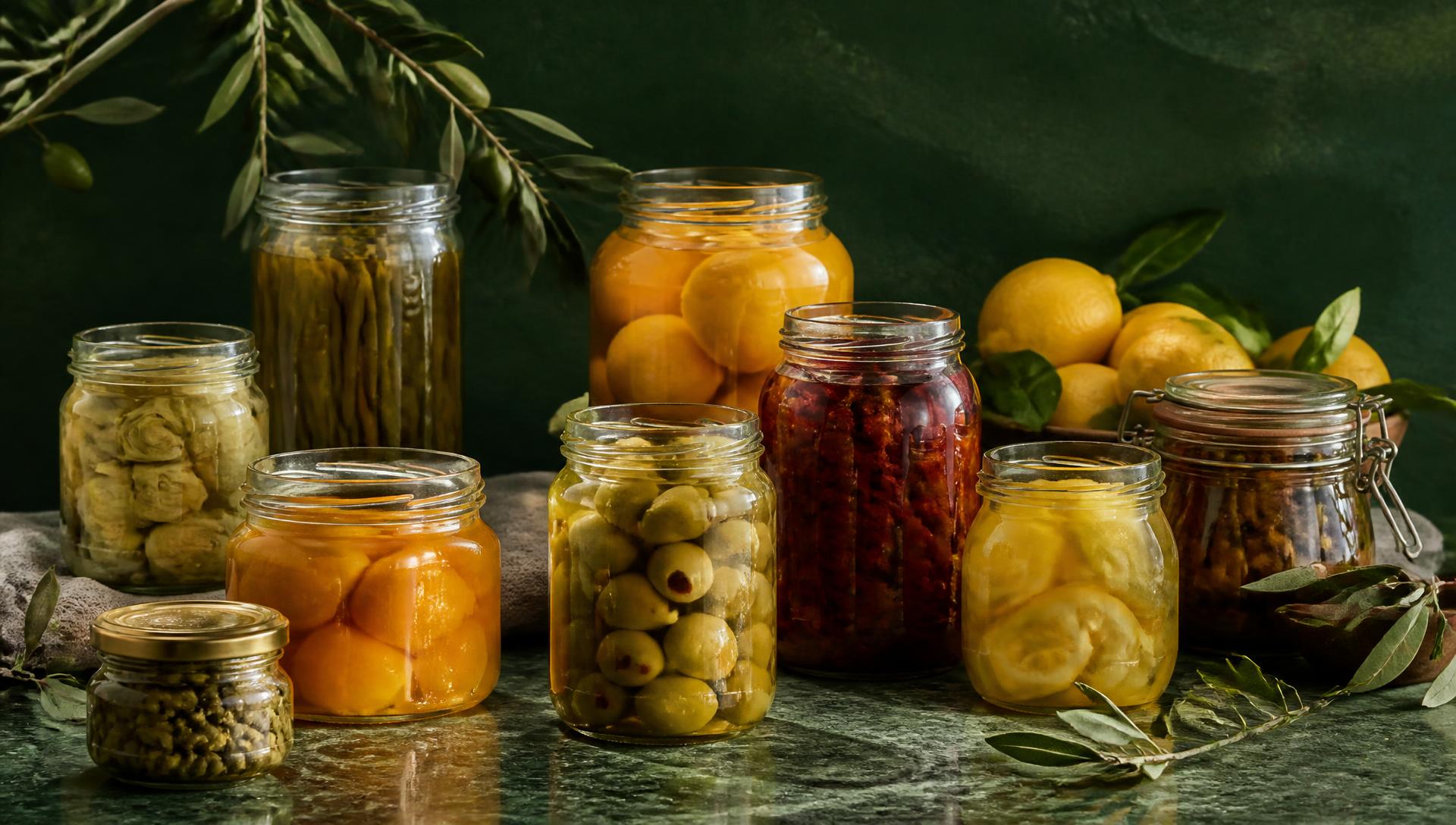 Glazen potten met groente- en fruitconserven