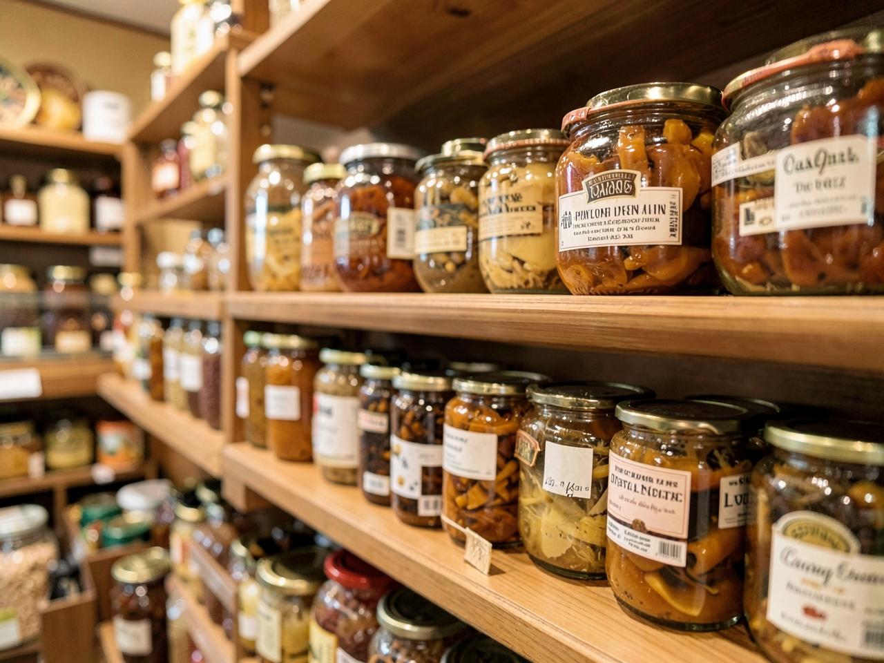 Gevulde glazen potten in de rekken van een speciaalzaak